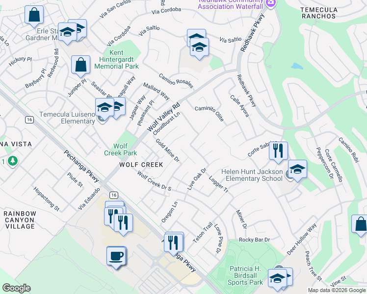 map of restaurants, bars, coffee shops, grocery stores, and more near 45876 Bristlecone Court in Temecula