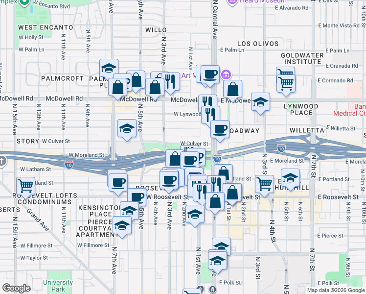 map of restaurants, bars, coffee shops, grocery stores, and more near 67W West Culver Street in Phoenix