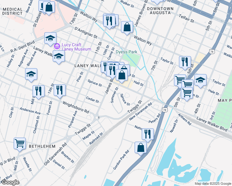 map of restaurants, bars, coffee shops, grocery stores, and more near 825 Spruce Street in Augusta