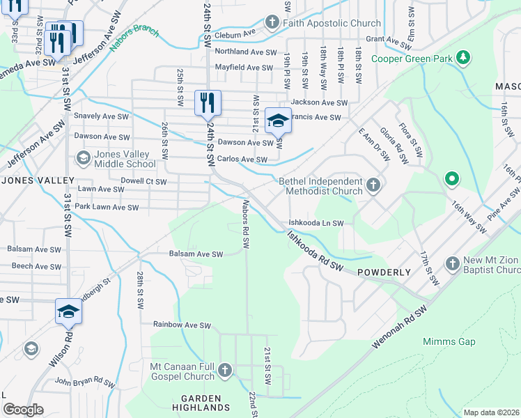 map of restaurants, bars, coffee shops, grocery stores, and more near 2237 Nabors Road Southwest in Birmingham