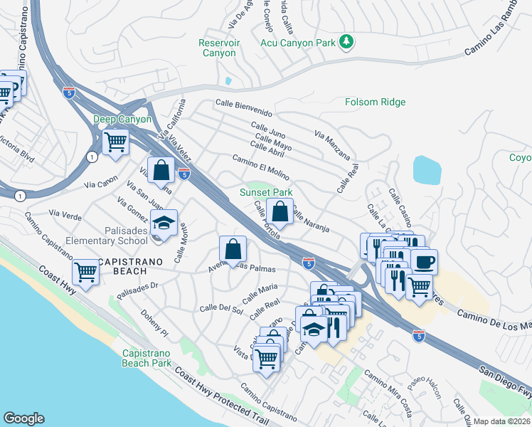 map of restaurants, bars, coffee shops, grocery stores, and more near 34456 Calle Portola in Dana Point