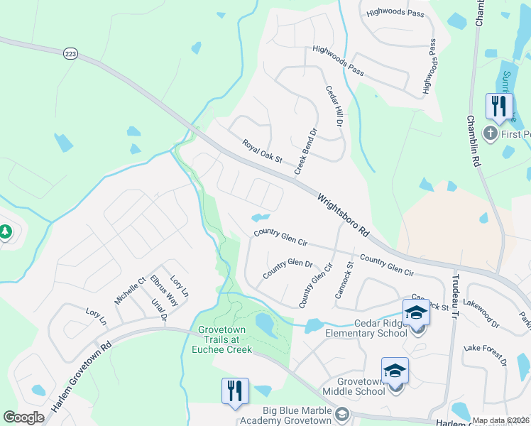 map of restaurants, bars, coffee shops, grocery stores, and more near 4542 Country Glen Circle in Grovetown
