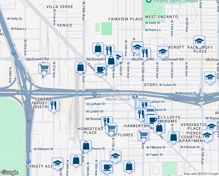 map of restaurants, bars, coffee shops, grocery stores, and more near 1720 West Spruce Street in Phoenix