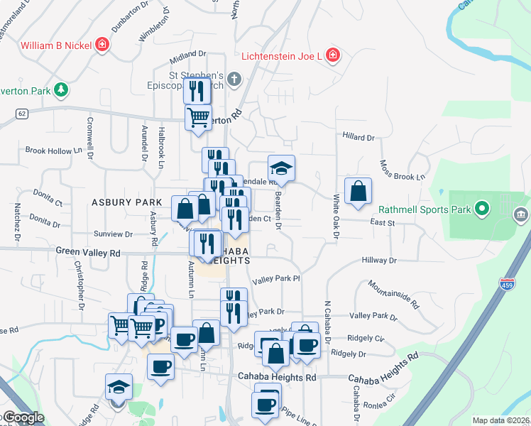 map of restaurants, bars, coffee shops, grocery stores, and more near 3252 Bearden Court in Vestavia Hills
