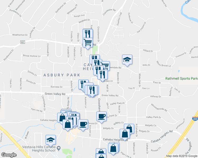 map of restaurants, bars, coffee shops, grocery stores, and more near 3935 Crosshaven Dr in Vestavia Hills