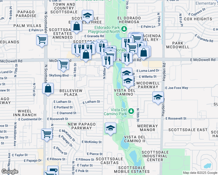 map of restaurants, bars, coffee shops, grocery stores, and more near 1217 North Miller Road in Scottsdale