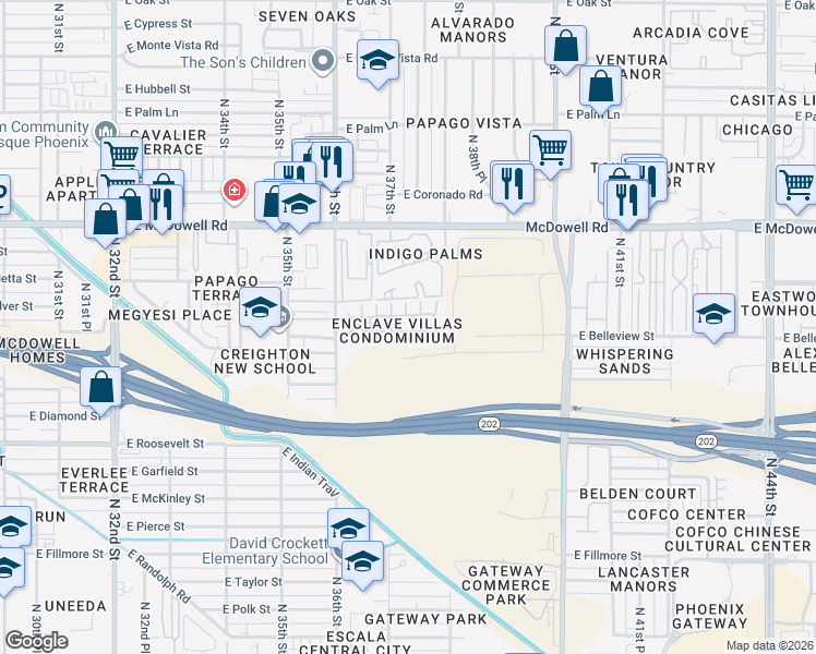 map of restaurants, bars, coffee shops, grocery stores, and more near 1225 North 36th Street in Phoenix