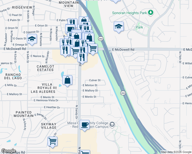 map of restaurants, bars, coffee shops, grocery stores, and more near 2639 North Power Road in Mesa