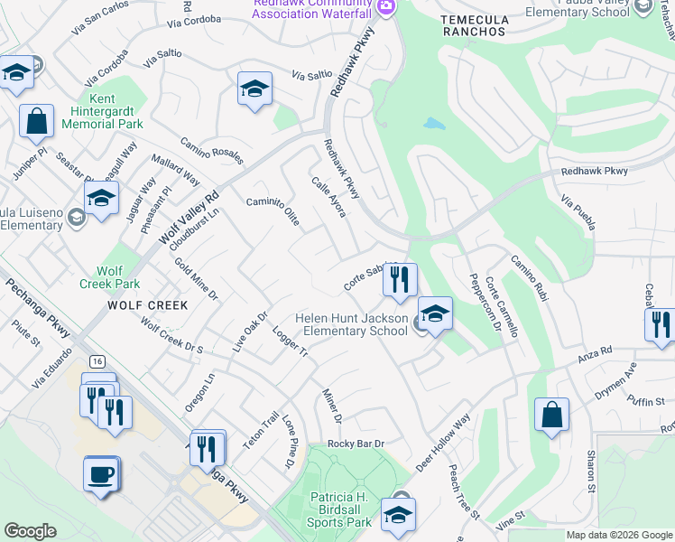 map of restaurants, bars, coffee shops, grocery stores, and more near 32133 Callesito Fadrique in Temecula