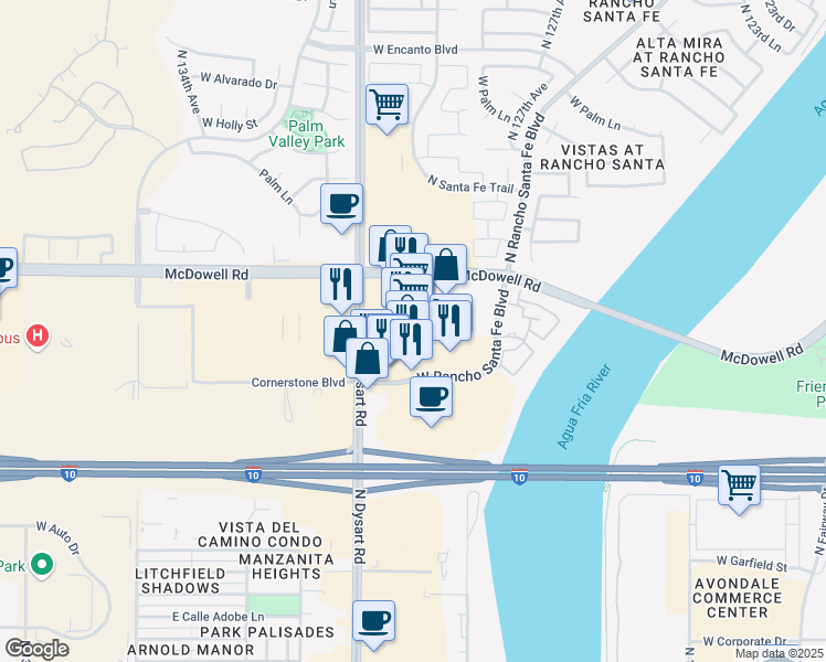 map of restaurants, bars, coffee shops, grocery stores, and more near 13050 West Rancho Santa Fe Boulevard in Avondale