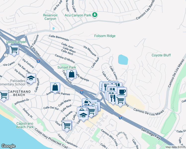map of restaurants, bars, coffee shops, grocery stores, and more near 34445 Camino El Molino in Dana Point