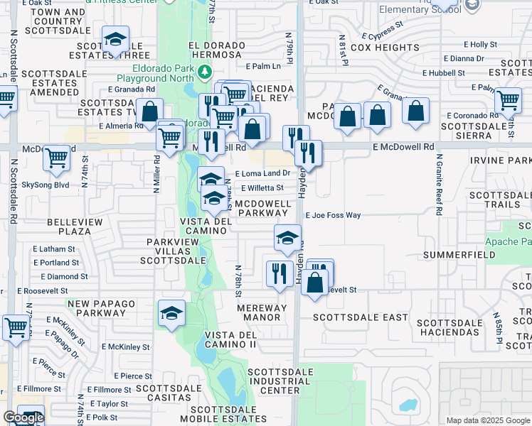 map of restaurants, bars, coffee shops, grocery stores, and more near 7846 East Belleview Street in Scottsdale