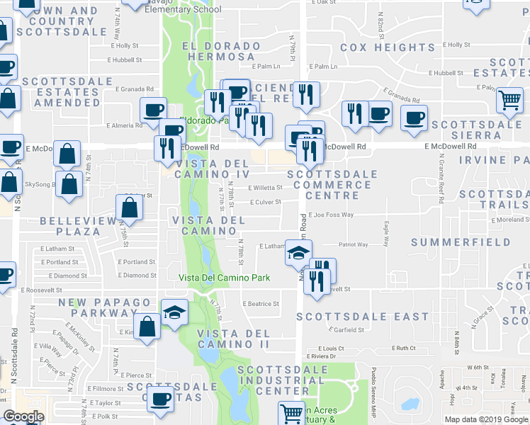 map of restaurants, bars, coffee shops, grocery stores, and more near 7917 East Belleview Street in Scottsdale