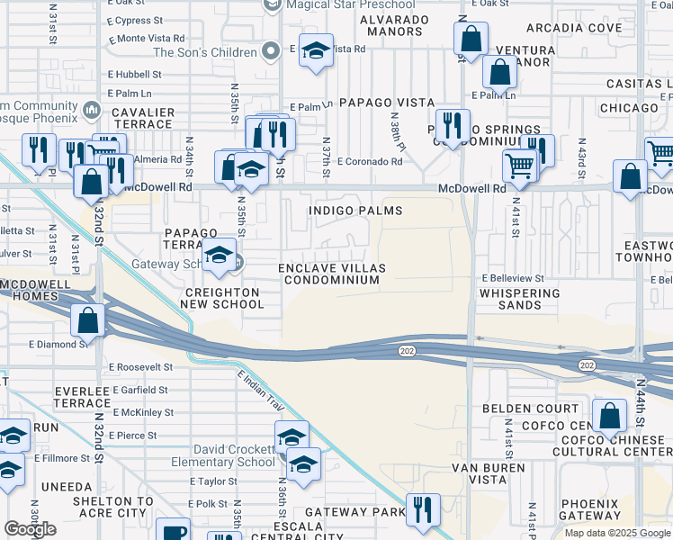 map of restaurants, bars, coffee shops, grocery stores, and more near 1225 North 36th Street in Phoenix