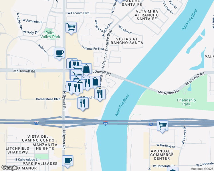 map of restaurants, bars, coffee shops, grocery stores, and more near 13051 West Rancho Santa Fe Boulevard in Avondale
