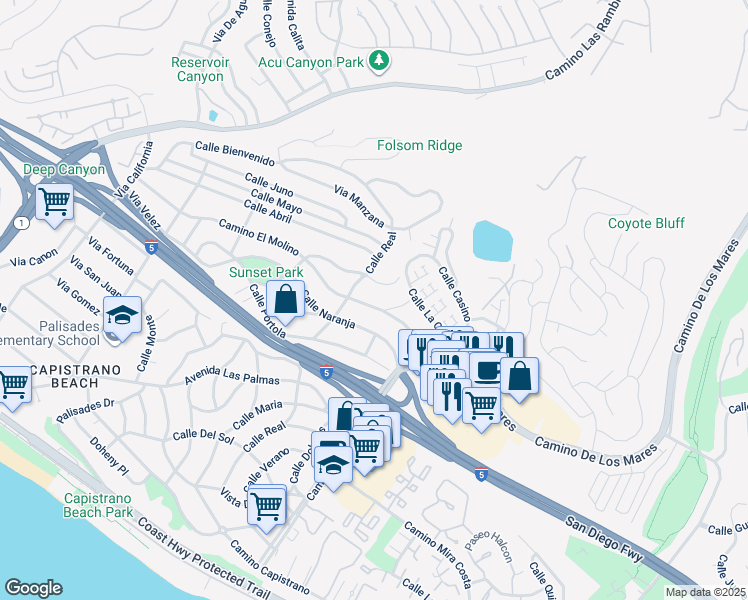 map of restaurants, bars, coffee shops, grocery stores, and more near 27196 Calle Alta Vista in Dana Point