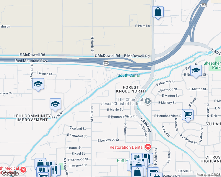 map of restaurants, bars, coffee shops, grocery stores, and more near 2554 North Hall Circle in Mesa