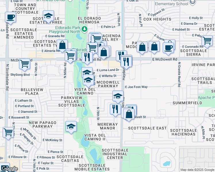 map of restaurants, bars, coffee shops, grocery stores, and more near 7917 East Belleview Street in Scottsdale