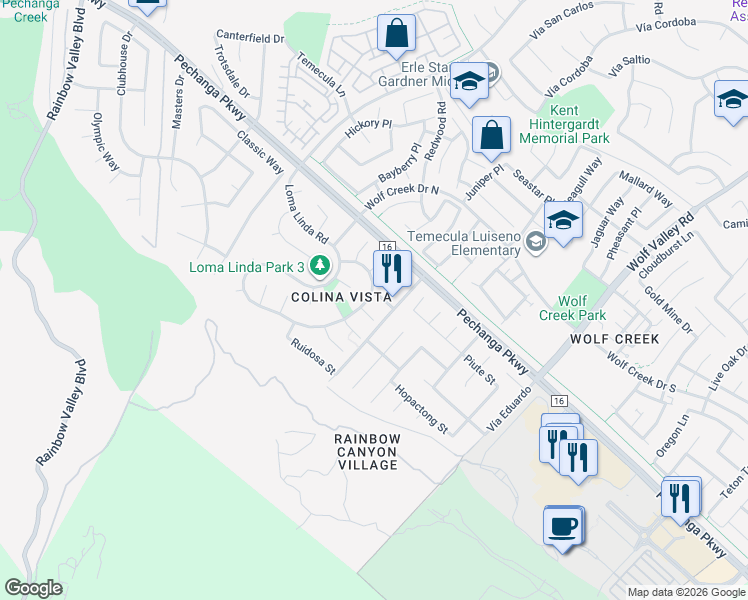 map of restaurants, bars, coffee shops, grocery stores, and more near 31247 Puas Drive in Temecula