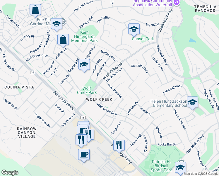 map of restaurants, bars, coffee shops, grocery stores, and more near 45877 Gold Mine Drive in Temecula