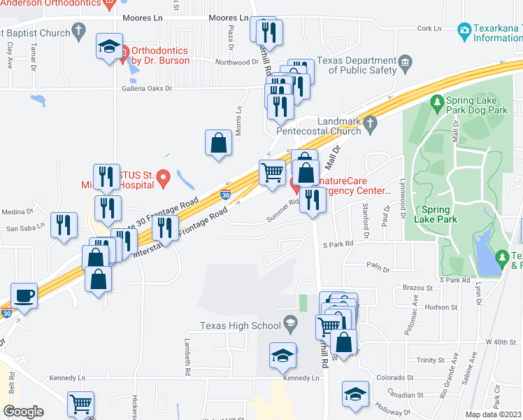 map of restaurants, bars, coffee shops, grocery stores, and more near 2021 Mall Drive in Texarkana
