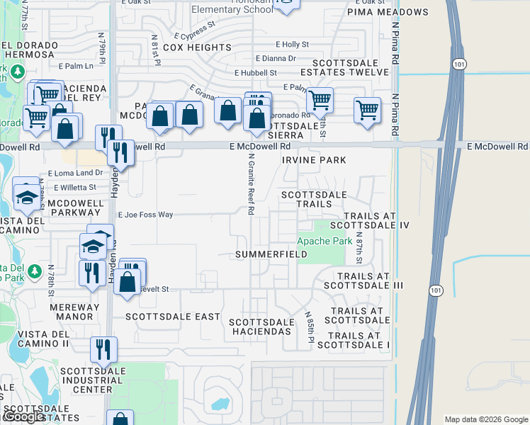 map of restaurants, bars, coffee shops, grocery stores, and more near 1257 North Granite Reef Road in Scottsdale