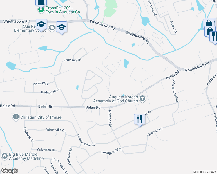 map of restaurants, bars, coffee shops, grocery stores, and more near 2825 Burdette Drive in Augusta