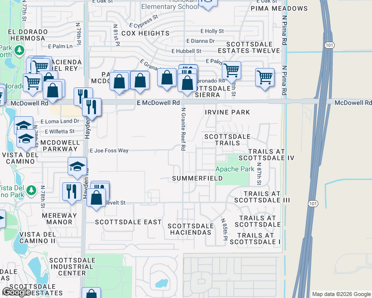 map of restaurants, bars, coffee shops, grocery stores, and more near 1257 North Granite Reef Road in Scottsdale