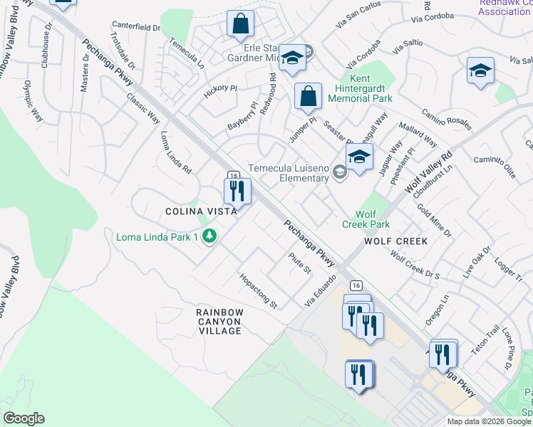 map of restaurants, bars, coffee shops, grocery stores, and more near 31232 Eona Circle in Temecula