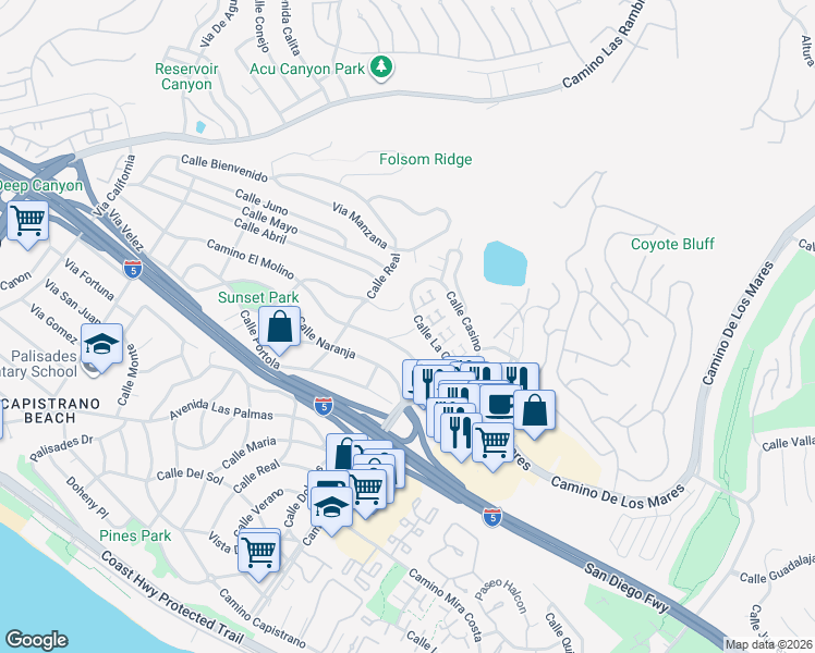 map of restaurants, bars, coffee shops, grocery stores, and more near 27196 Calle Alta Vista in Dana Point