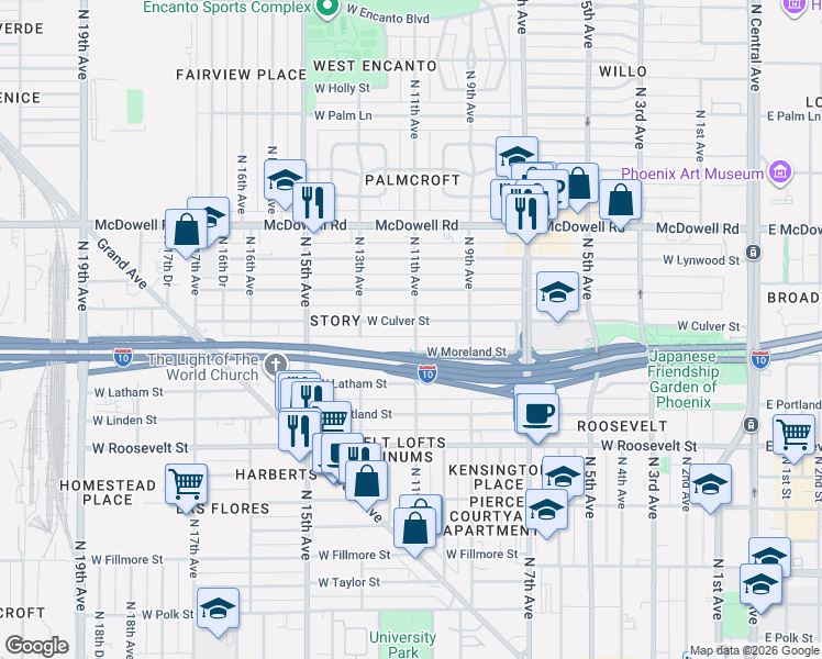 map of restaurants, bars, coffee shops, grocery stores, and more near 1105 West Culver Street in Phoenix