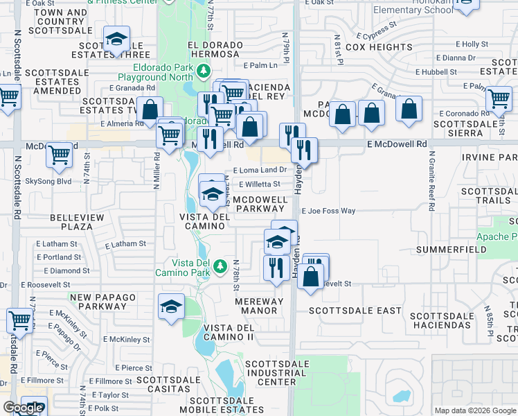 map of restaurants, bars, coffee shops, grocery stores, and more near 7846 East Belleview Street in Scottsdale