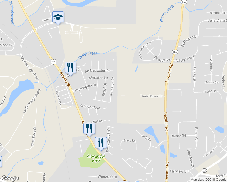 map of restaurants, bars, coffee shops, grocery stores, and more near 4040 Monarch Drive in McDonough
