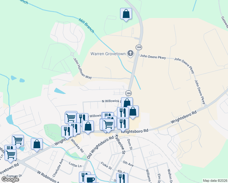 map of restaurants, bars, coffee shops, grocery stores, and more near 5112 Robin Lane in Grovetown