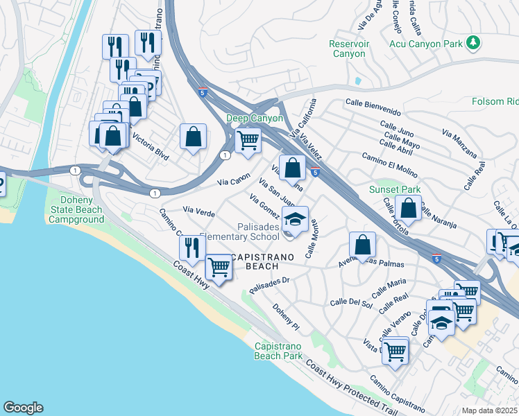 map of restaurants, bars, coffee shops, grocery stores, and more near 34435 Via Gomez in Dana Point