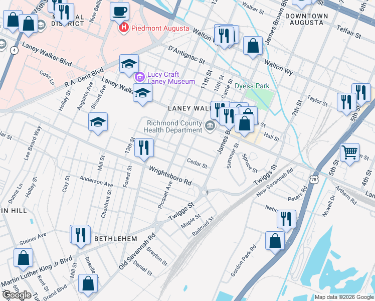 map of restaurants, bars, coffee shops, grocery stores, and more near 1016 Cedar Street in Augusta