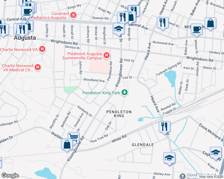 map of restaurants, bars, coffee shops, grocery stores, and more near 1599 Troupe Street in Augusta