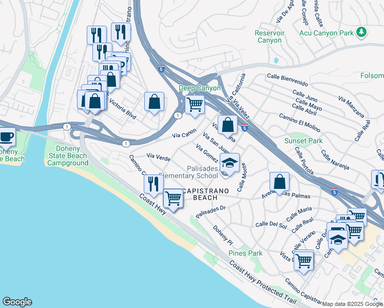 map of restaurants, bars, coffee shops, grocery stores, and more near 34442 Via Espinoza in Dana Point