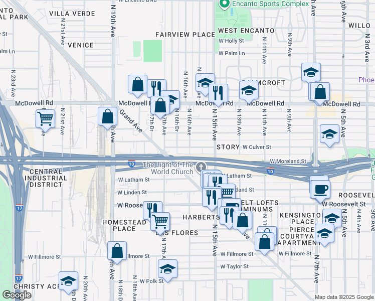 map of restaurants, bars, coffee shops, grocery stores, and more near 1601 West Culver Street in Phoenix