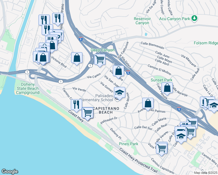 map of restaurants, bars, coffee shops, grocery stores, and more near 34456 Via Gomez in Dana Point