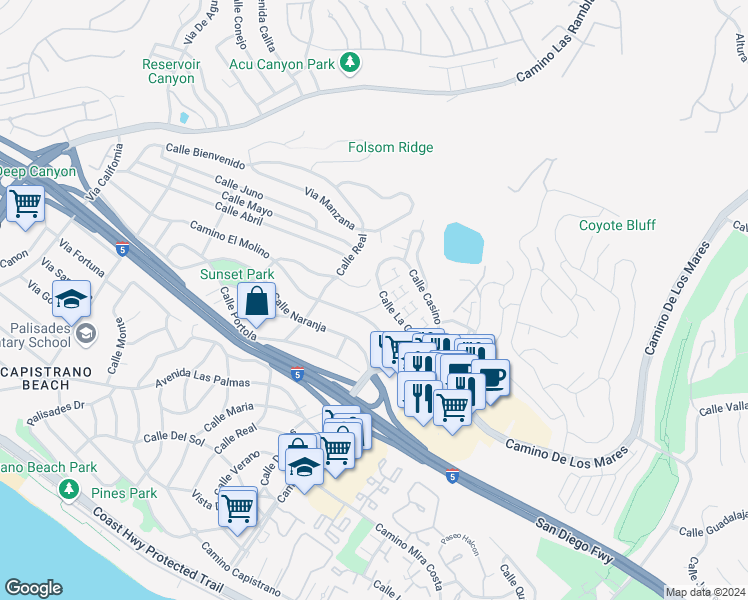 map of restaurants, bars, coffee shops, grocery stores, and more near 27231 Calle Alta Vista in Dana Point
