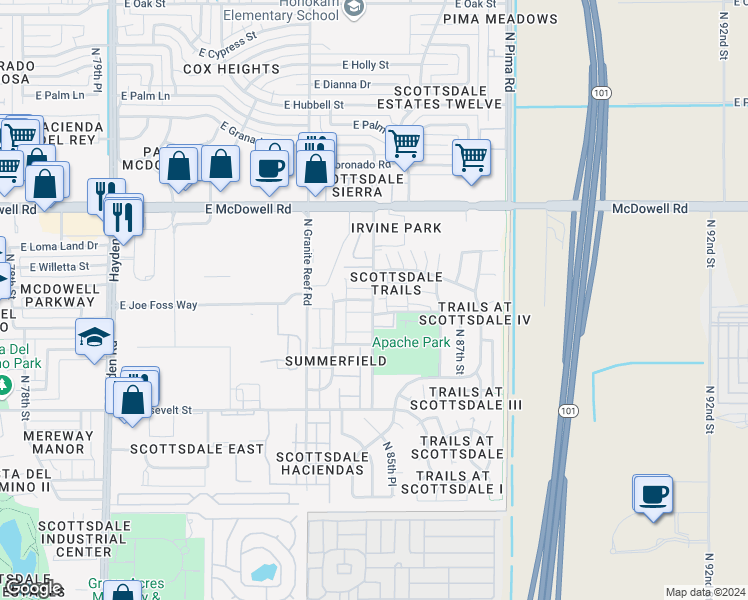 map of restaurants, bars, coffee shops, grocery stores, and more near 1221 North 85th Place in Scottsdale