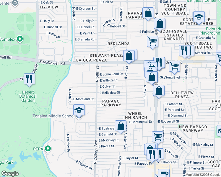 map of restaurants, bars, coffee shops, grocery stores, and more near 6844 East Belleview Street in Scottsdale