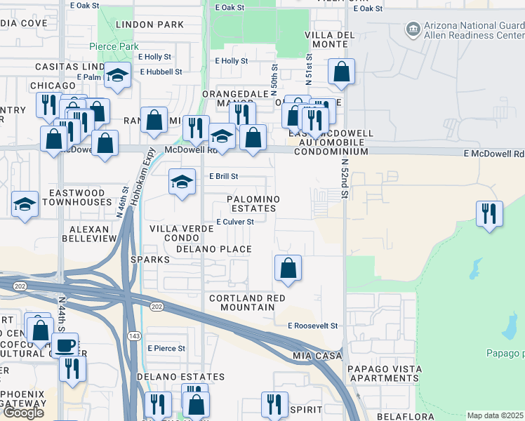 map of restaurants, bars, coffee shops, grocery stores, and more near 4926 East Culver Street in Phoenix
