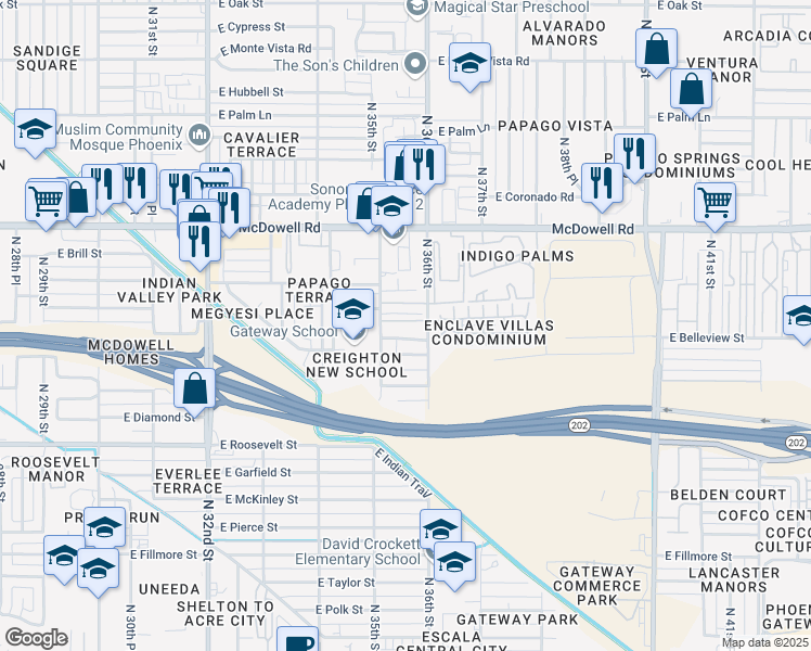 map of restaurants, bars, coffee shops, grocery stores, and more near 3521 East Belleview Street in Phoenix
