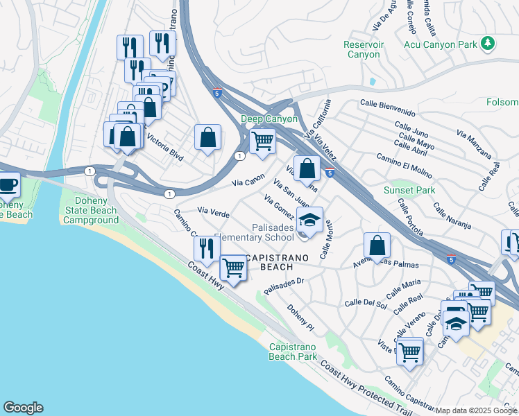 map of restaurants, bars, coffee shops, grocery stores, and more near 34453 Via Espinoza in Dana Point