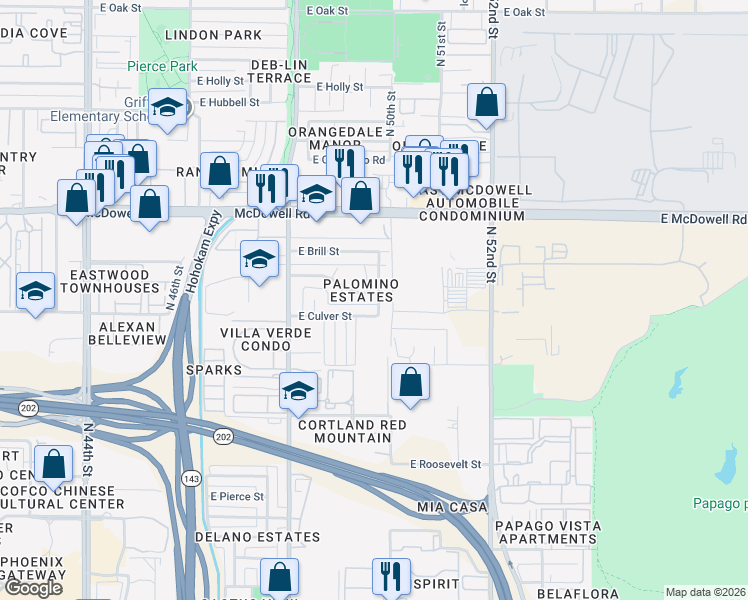 map of restaurants, bars, coffee shops, grocery stores, and more near 4926 East Culver Street in Phoenix