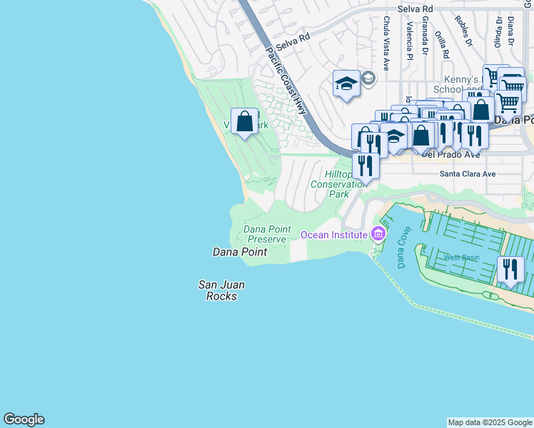 map of restaurants, bars, coffee shops, grocery stores, and more near 34390 Dana Strand Road in Dana Point