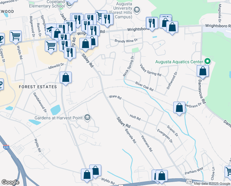 map of restaurants, bars, coffee shops, grocery stores, and more near 231 Ware Road in Augusta