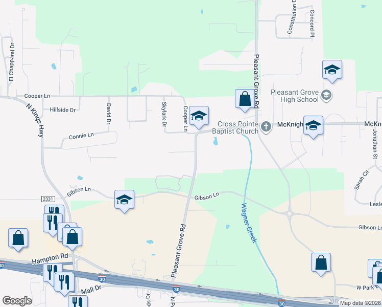 map of restaurants, bars, coffee shops, grocery stores, and more near 3037 Pleasant Grove Road in Texarkana